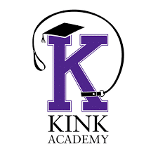 Sexed classes, kink academy logo, lettter K in purple, white background, black font