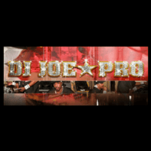 DJ Joe Pro, background black and red, gold font.