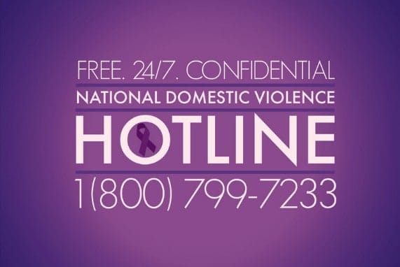 Domestic Violence Awareness Month info and phone number 18007997233, background purple, dark purple and white fonts.